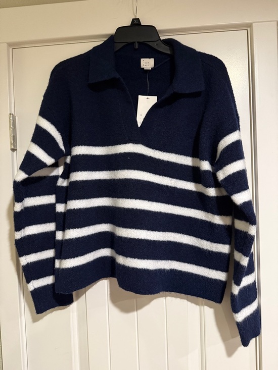 a new day Sweaters - a new day Navy and White Striped V-Neck Collared Sweater